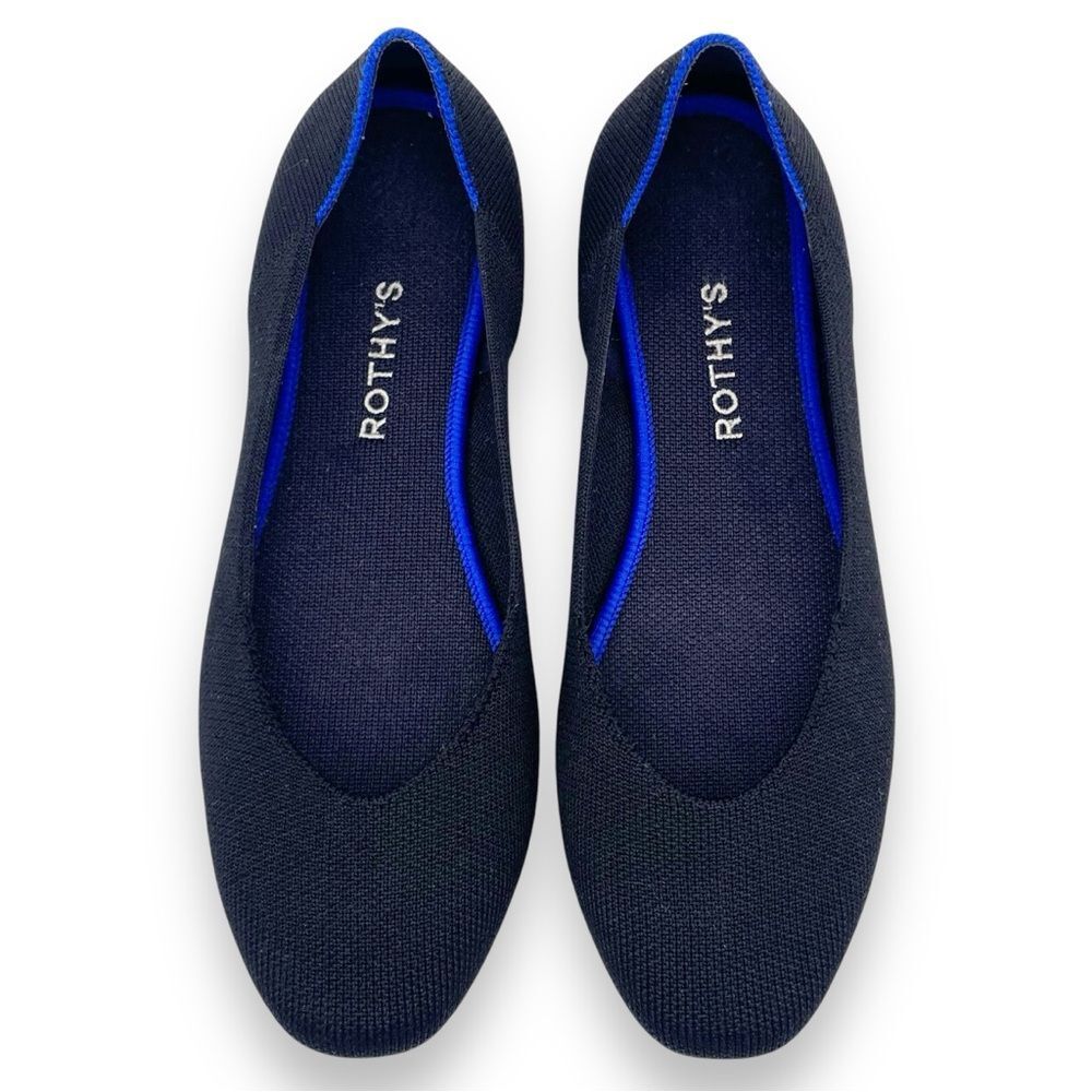 Rothy’s The Flat in Solid Black With Royal Blue Trim Recycled Textile Size 9.5